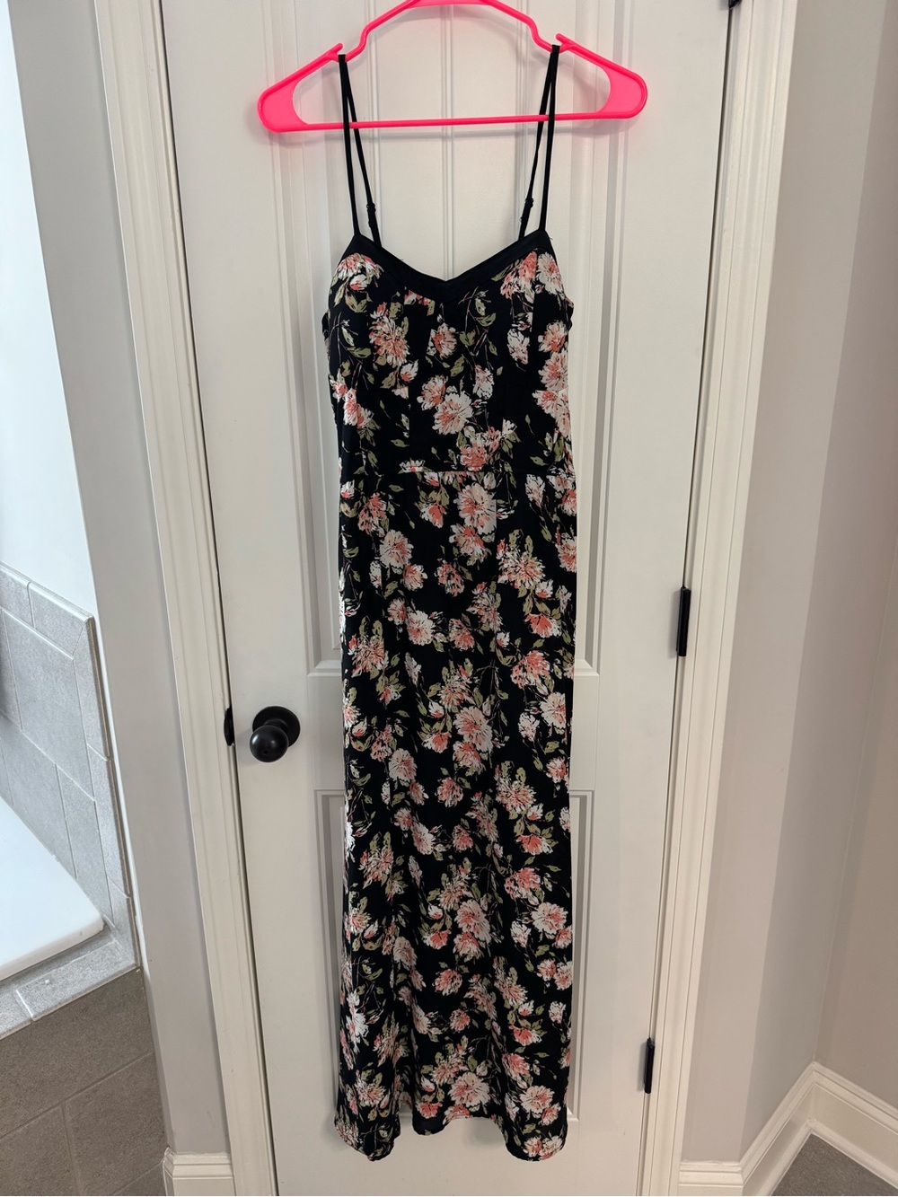 Floral Black Maxi Slip Dress with Pink Blooms